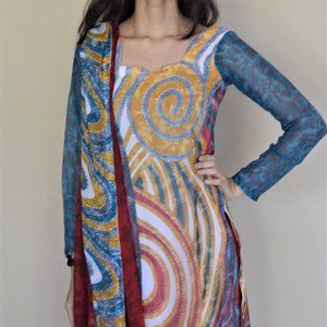**** PRETTY STITCHED BLUE RED SALWAR KAMEEZ NEW SIZE XS-S + FREE GIFT